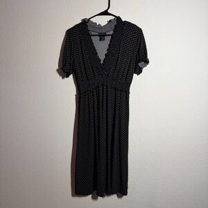 En Focus Dress Womens 12 Black Polka Dot V-Neck Smocked Short Sleeve Knee-Length
